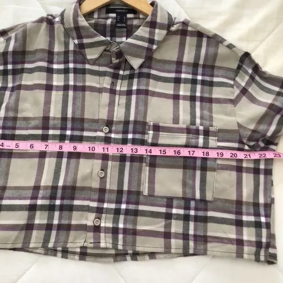 2/40$ FLANNEL plaid checkers Forever 21 oversize Crop blouse plaid beige neutral - Picture 5 of 9